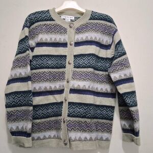 Cambridge Spirit Womens Wool Blend Fair Isle Cardigan Sweater Green Purple L